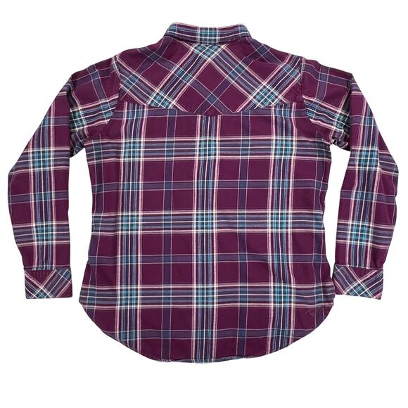 Kuhl Womens Flannel Shirt Long Sleeve 1/2 Snap Button Purple Teal Plaid Large - Picture 2 of 11